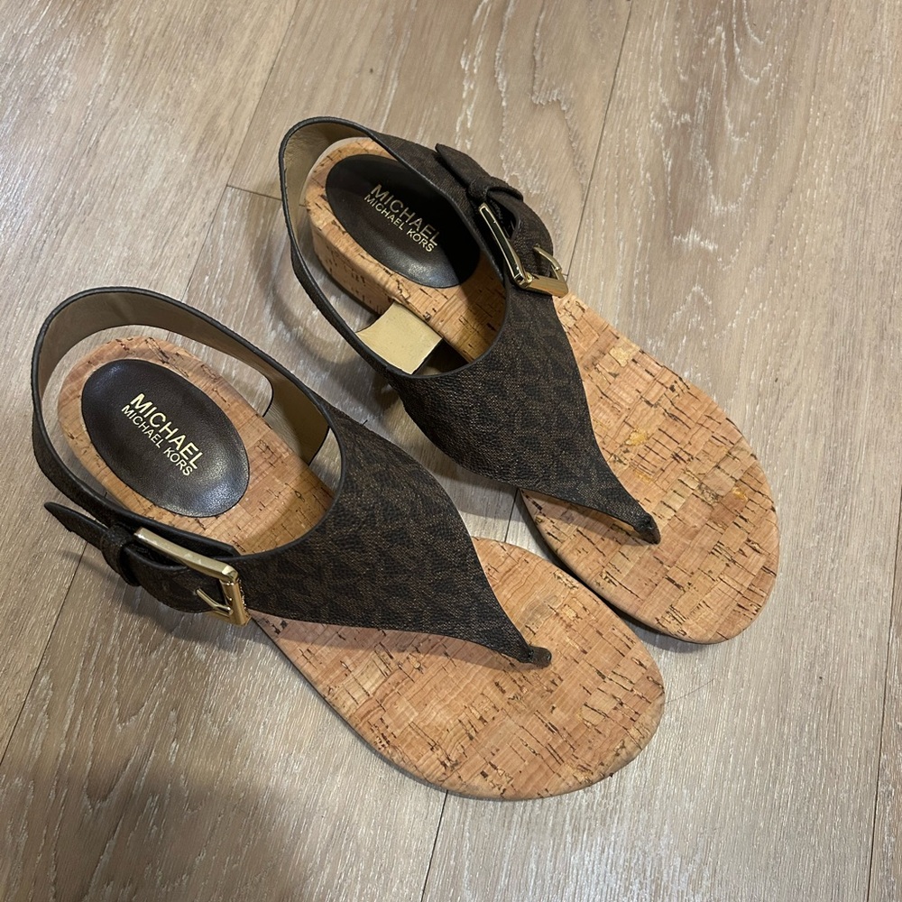 Michael Kors Brown Cork Thong Sandals with Gold Buckle
